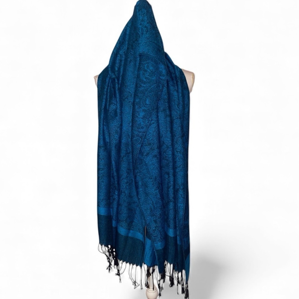 PASHMINA* Style Paisley Jacquard Patterned Scarf Wrap Shawl in TUR & BLK - Picture 4 of 8
